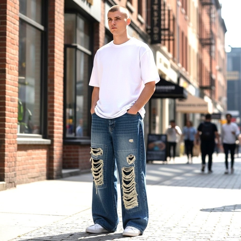 BoohooMAN Mens Distressed Wide Leg Baggy Jeans Medium Wash Size 36‎ Streetwear